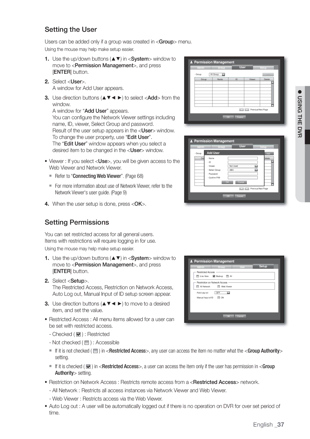 Samsung SDE-3001, SDE-3003 Setting the User, Setting Permissions, When the user setup is done, press OK,  Using the DVR 