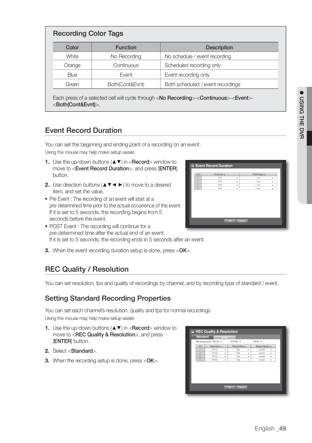 Samsung SDE-3001, SDE-3003, 4 CHANNEL DVR user manual Event Record Duration, REC Quality / Resolution, Recording Color Tags 