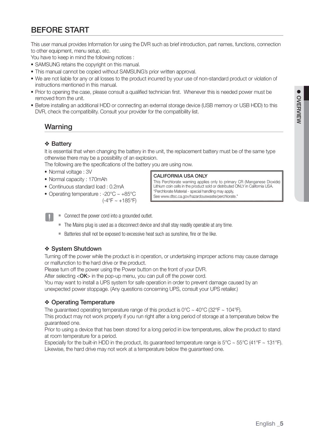 Samsung 4 CHANNEL DVR, SDE-3003, SDE-3001 user manual Before Start, Battery 