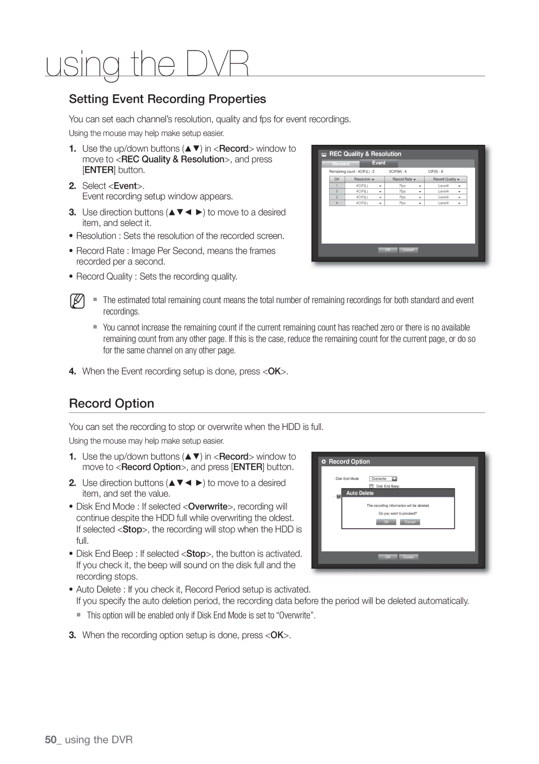 Samsung 4 CHANNEL DVR, SDE-3003, SDE-3001 user manual Record Option, Setting Event Recording Properties 