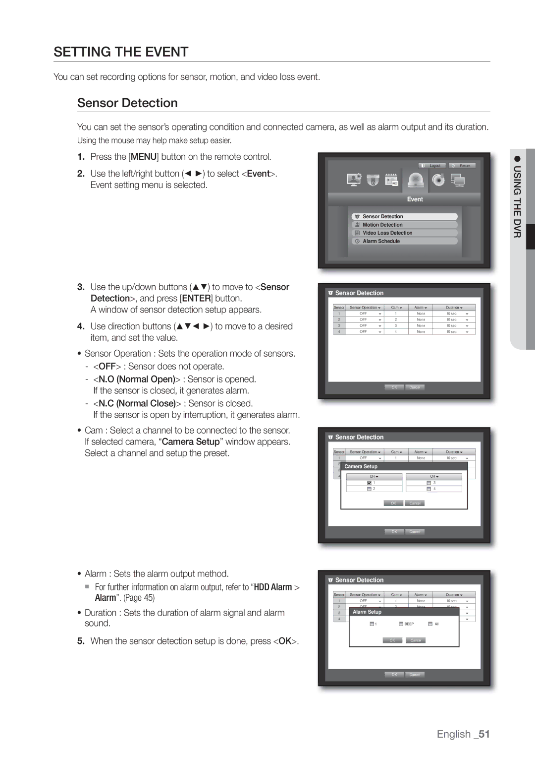 Samsung SDE-3003 Setting the Event, Sensor Detection, Detection, and press Enter button, Normal Close Sensor is closed 