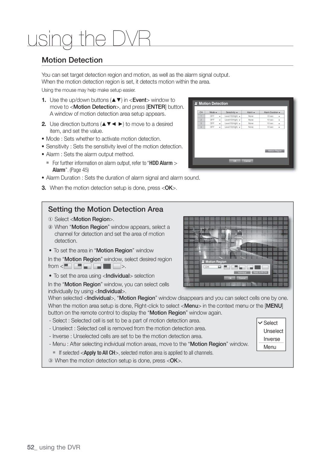 Samsung SDE-3001, SDE-3003, 4 CHANNEL DVR user manual Setting the Motion Detection Area 