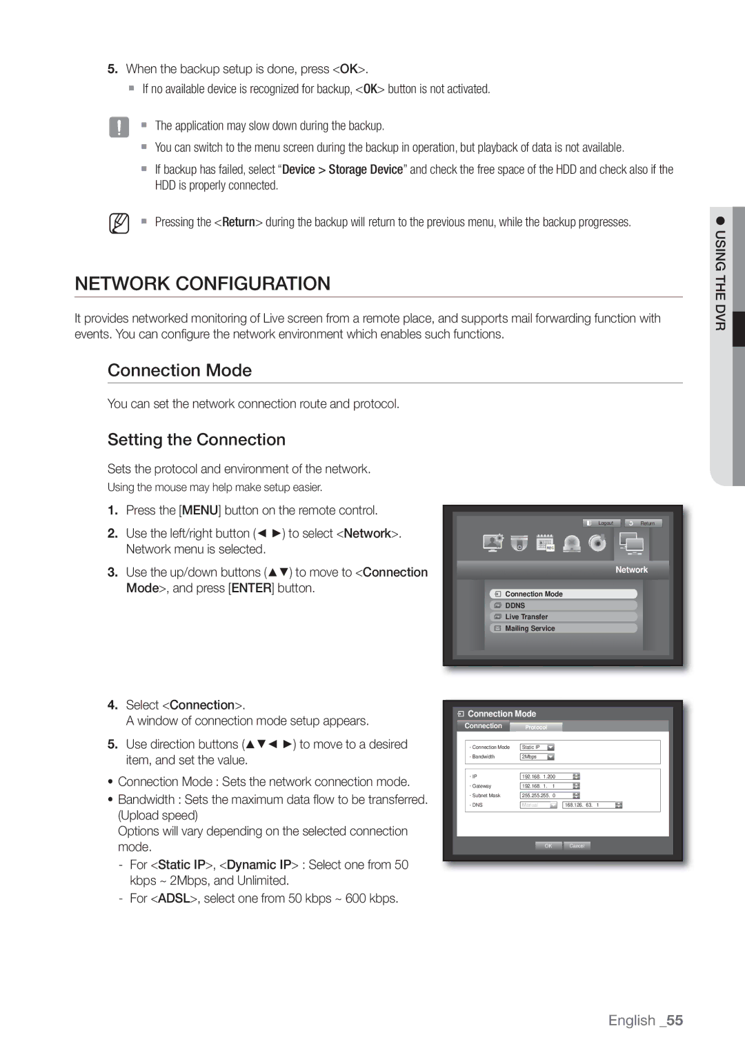 Samsung SDE-3001, SDE-3003, 4 CHANNEL DVR user manual Network Configuration, Connection Mode, Setting the Connection 