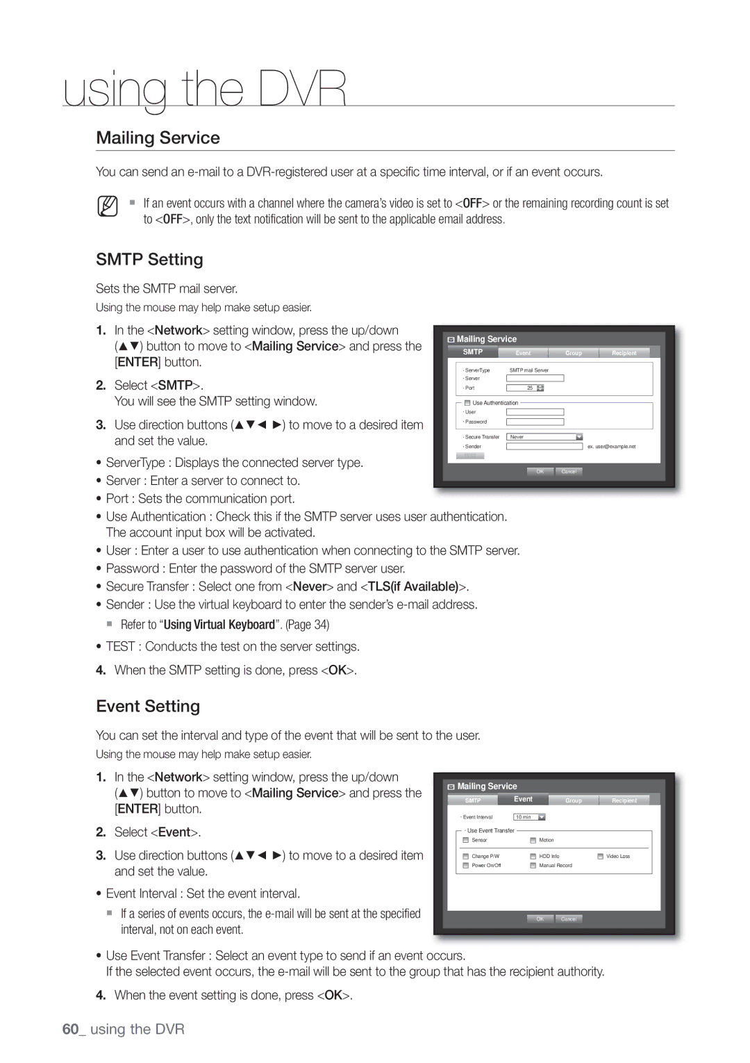 Samsung SDE-3003, SDE-3001, 4 CHANNEL DVR user manual Mailing Service, Smtp Setting, Event Setting 