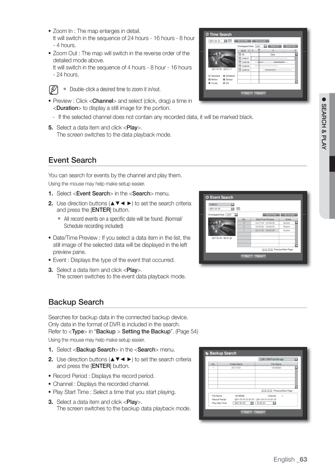 Samsung SDE-3003, SDE-3001, 4 CHANNEL DVR user manual Event Search, Backup Search, Search & Play 