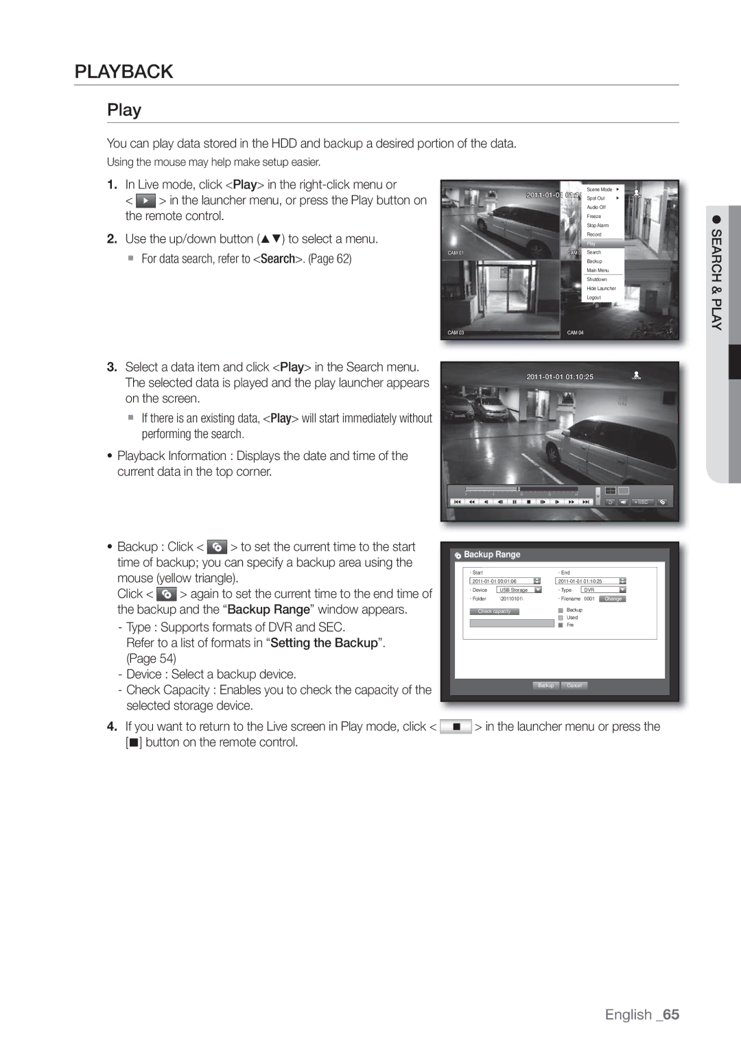 Samsung 4 CHANNEL DVR, SDE-3003, SDE-3001 Playback,  For data search, refer to Search,  Search & Play, Backup Range 