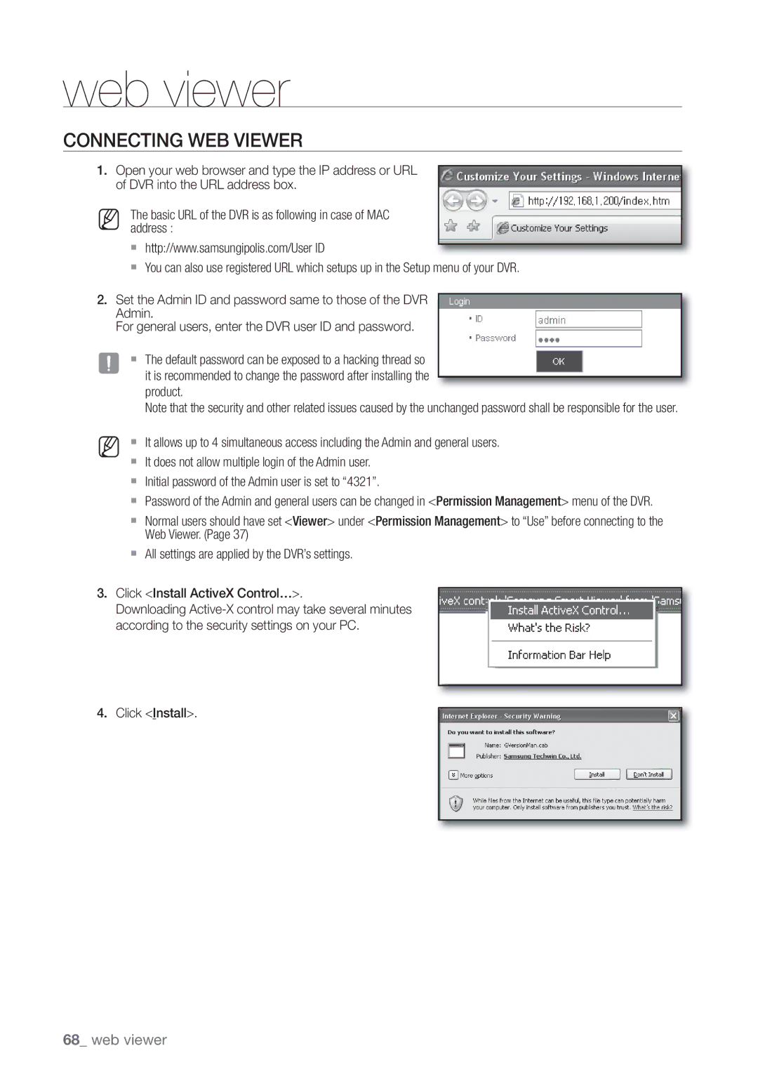 Samsung 4 CHANNEL DVR, SDE-3003, SDE-3001 user manual Connecting WEB Viewer, Click Install 