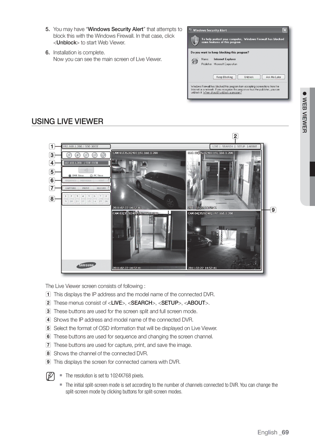 Samsung SDE-3003, SDE-3001, 4 CHANNEL DVR user manual Using Live Viewer 