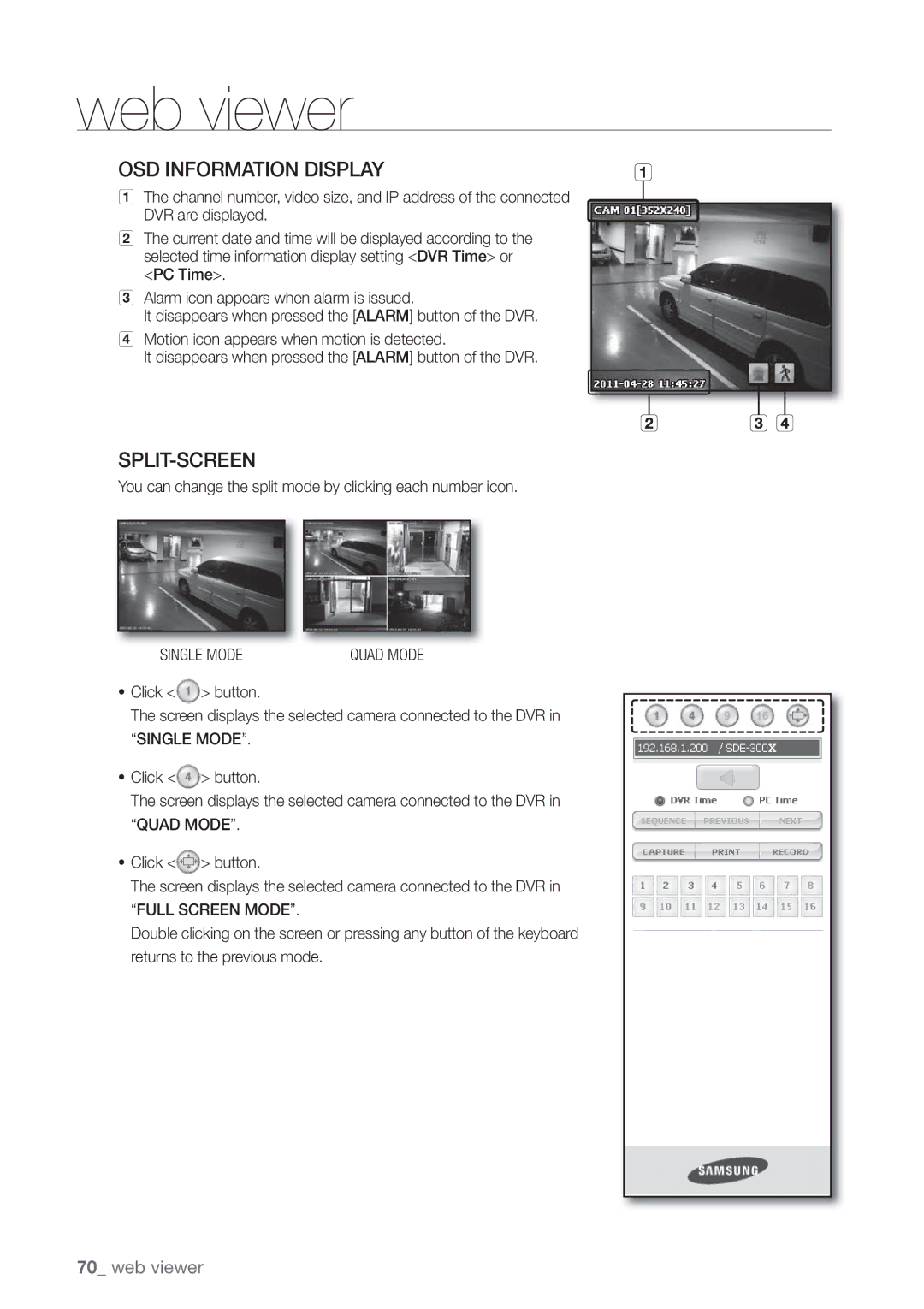 Samsung SDE-3001 You can change the split mode by clicking each number icon, Single Mode, Quad Mode, Full Screen Mode 