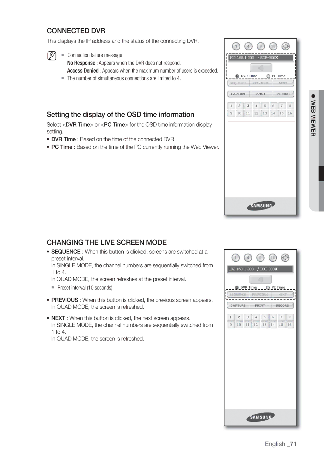 Samsung 4 CHANNEL DVR, SDE-3003, SDE-3001 user manual Connected DVR, Setting the display of the OSD time information 