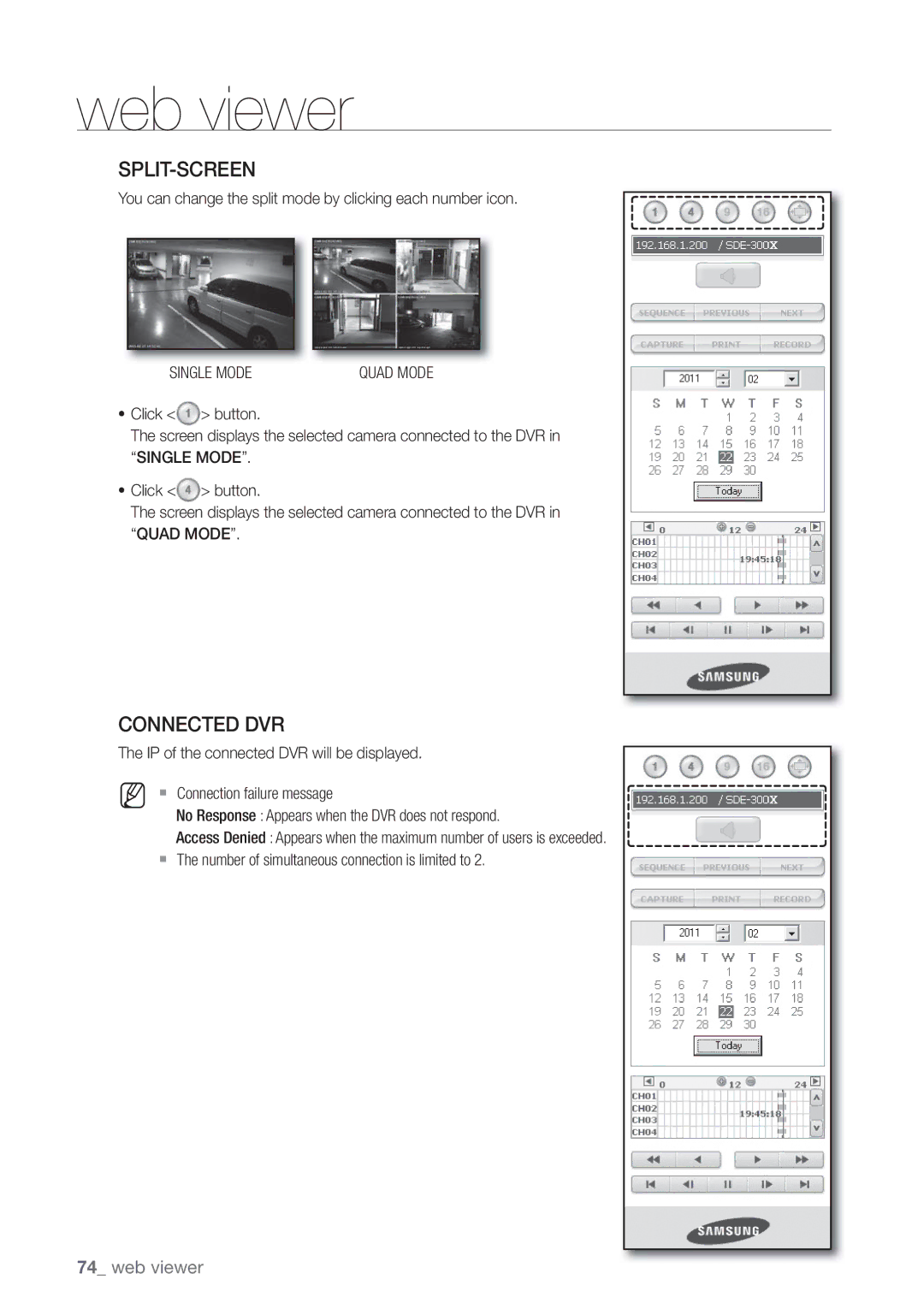 Samsung 4 CHANNEL DVR, SDE-3003, SDE-3001 user manual Split-Screen 