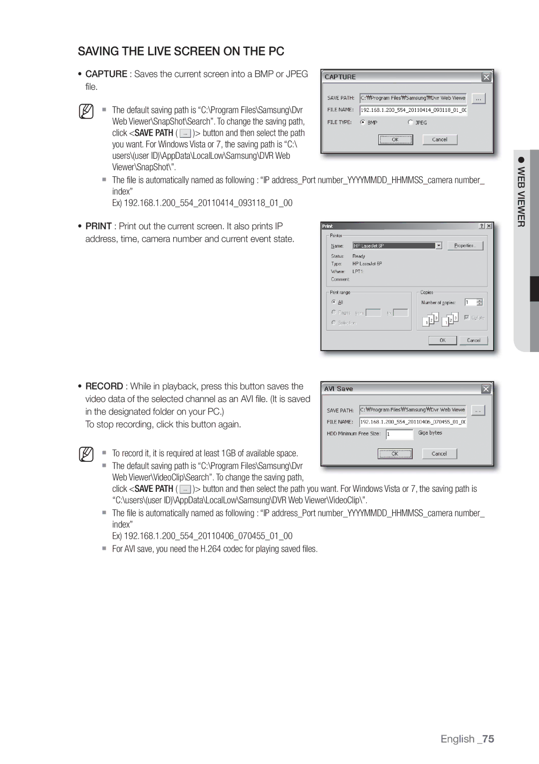 Samsung SDE-3003, SDE-3001, 4 CHANNEL DVR user manual Saving the Live Screen on the PC 