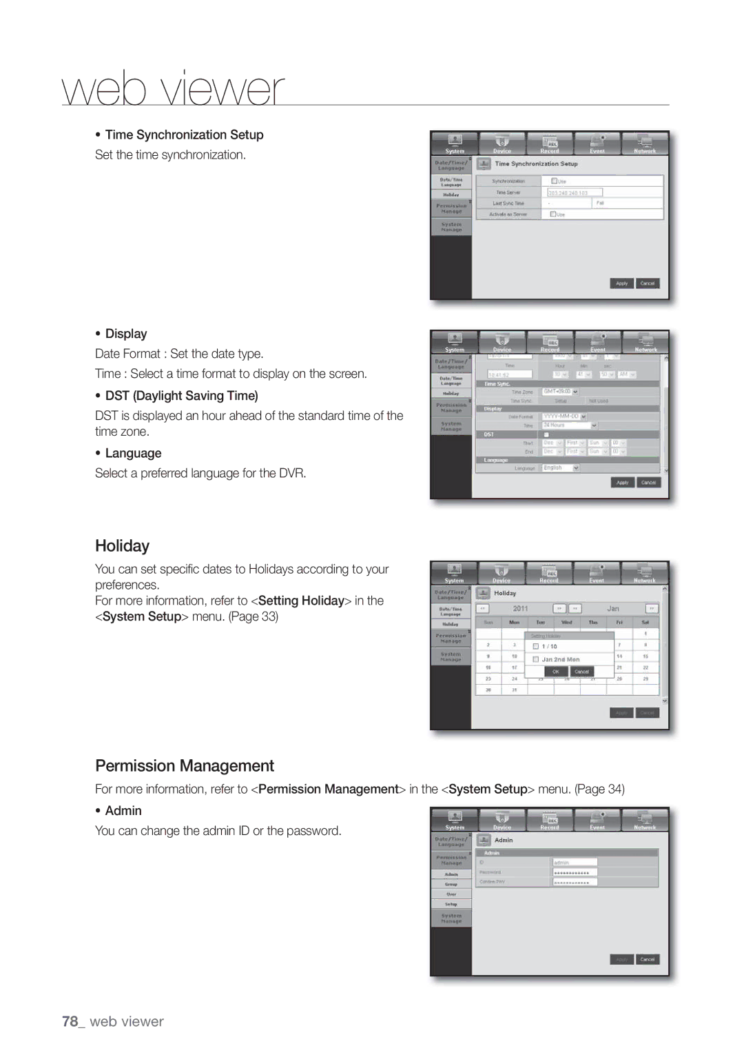 Samsung SDE-3003, SDE-3001, 4 CHANNEL DVR user manual Holiday, Permission Management 