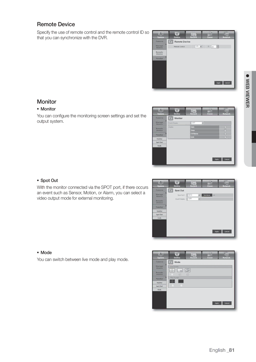 Samsung SDE-3003, SDE-3001, 4 CHANNEL DVR user manual Remote Device, Monitor 