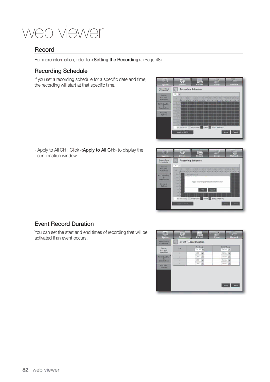 Samsung SDE-3001 Recording Schedule, Event Record Duration, For more information, refer to Setting the Recording 