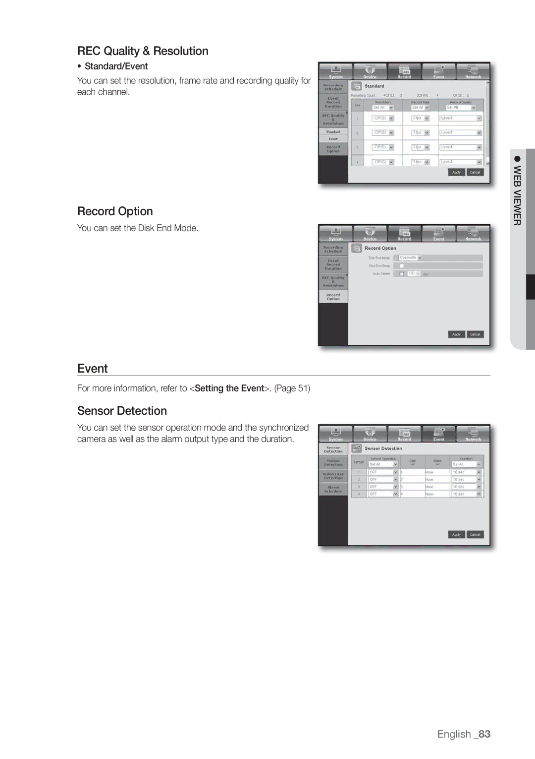 Samsung 4 CHANNEL DVR, SDE-3003, SDE-3001 user manual Event, REC Quality & Resolution, Record Option, Sensor Detection 