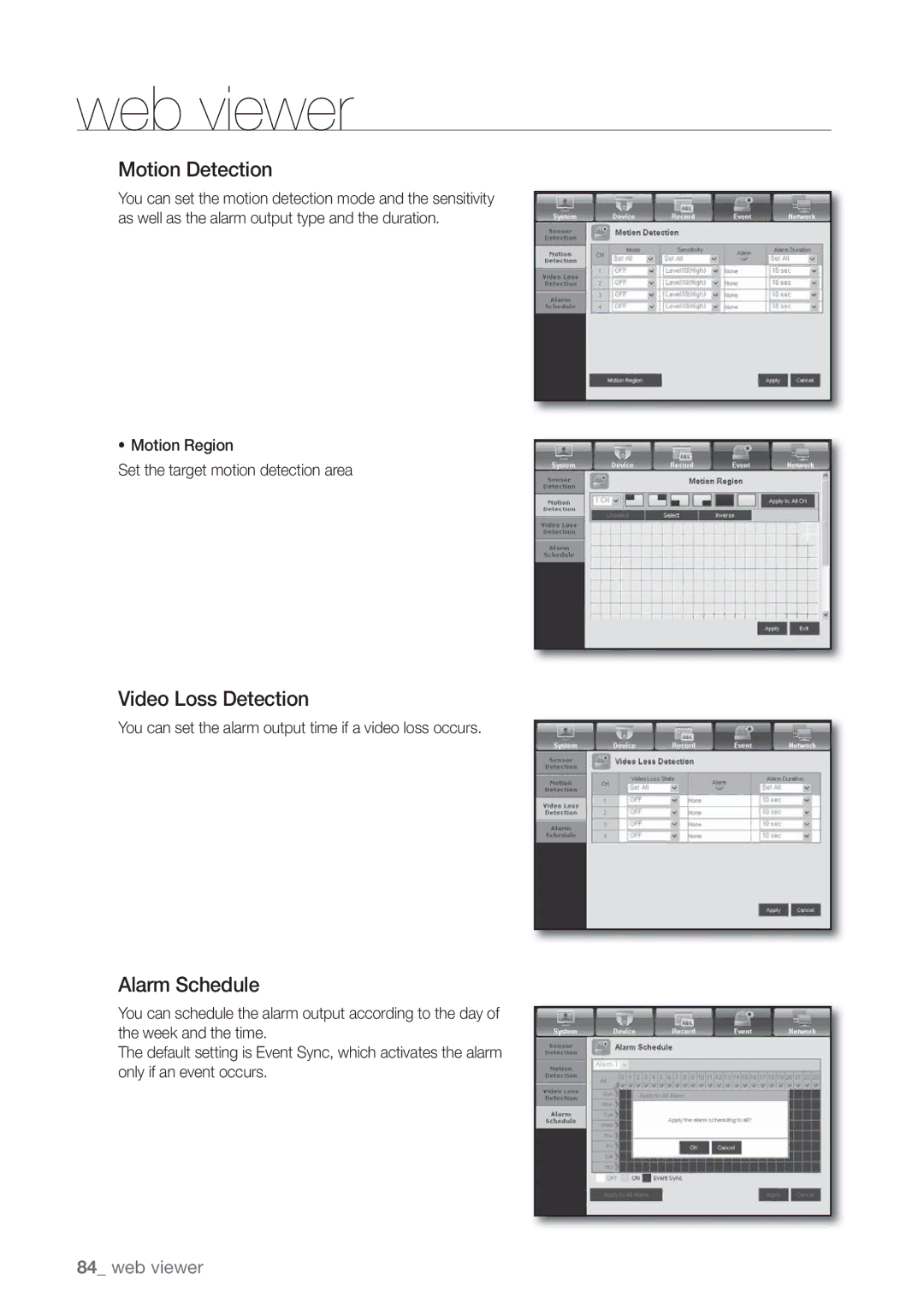 Samsung SDE-3003, SDE-3001, 4 CHANNEL DVR user manual Motion Detection, Video Loss Detection, Alarm Schedule 