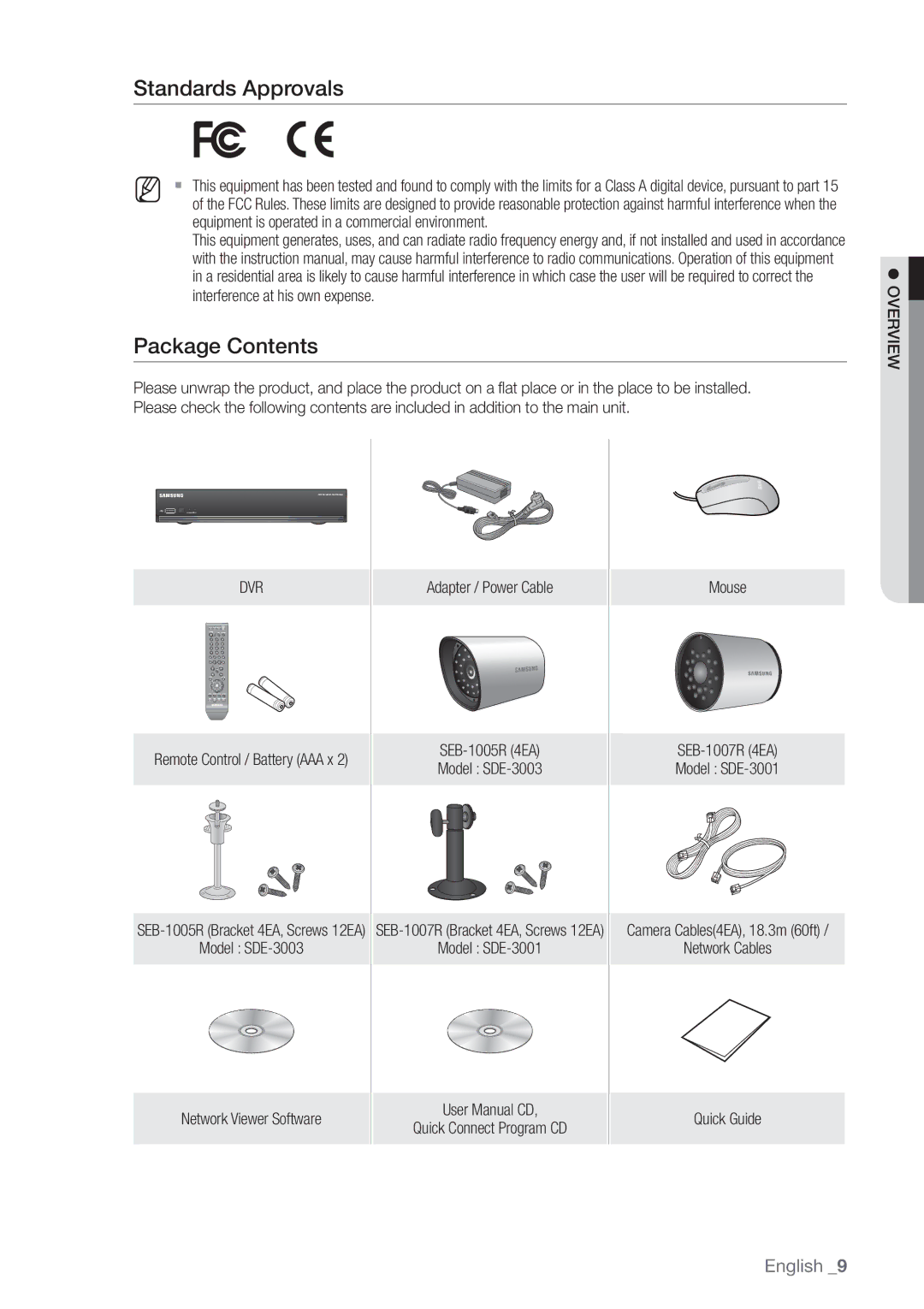 Samsung SDE-3003, SDE-3001, 4 CHANNEL DVR user manual Standards Approvals, Package Contents 