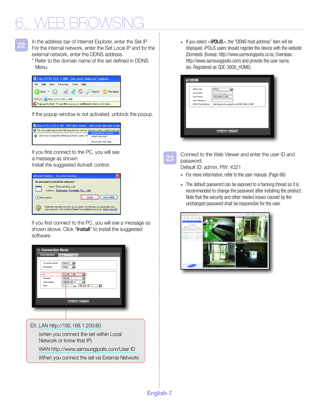 Samsung EZ View Kit, SDE-3004 quick start Web Browsing, Ddns 