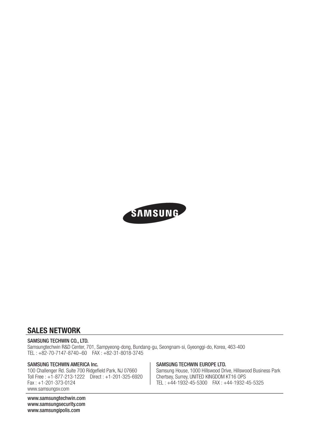 Samsung SDE-3004, SDE3004 user manual Sales Network, Chertsey, Surrey, United Kingdom KT16 OPS 