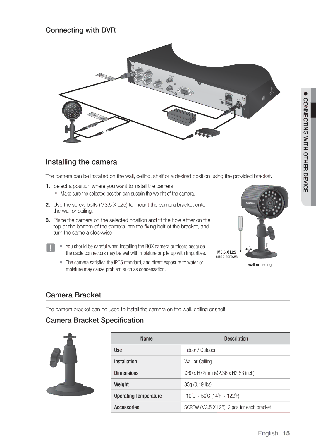 Samsung SDE3004, SDE-3004 user manual Installing the camera, Connecting with DVR, Camera Bracket Specification 