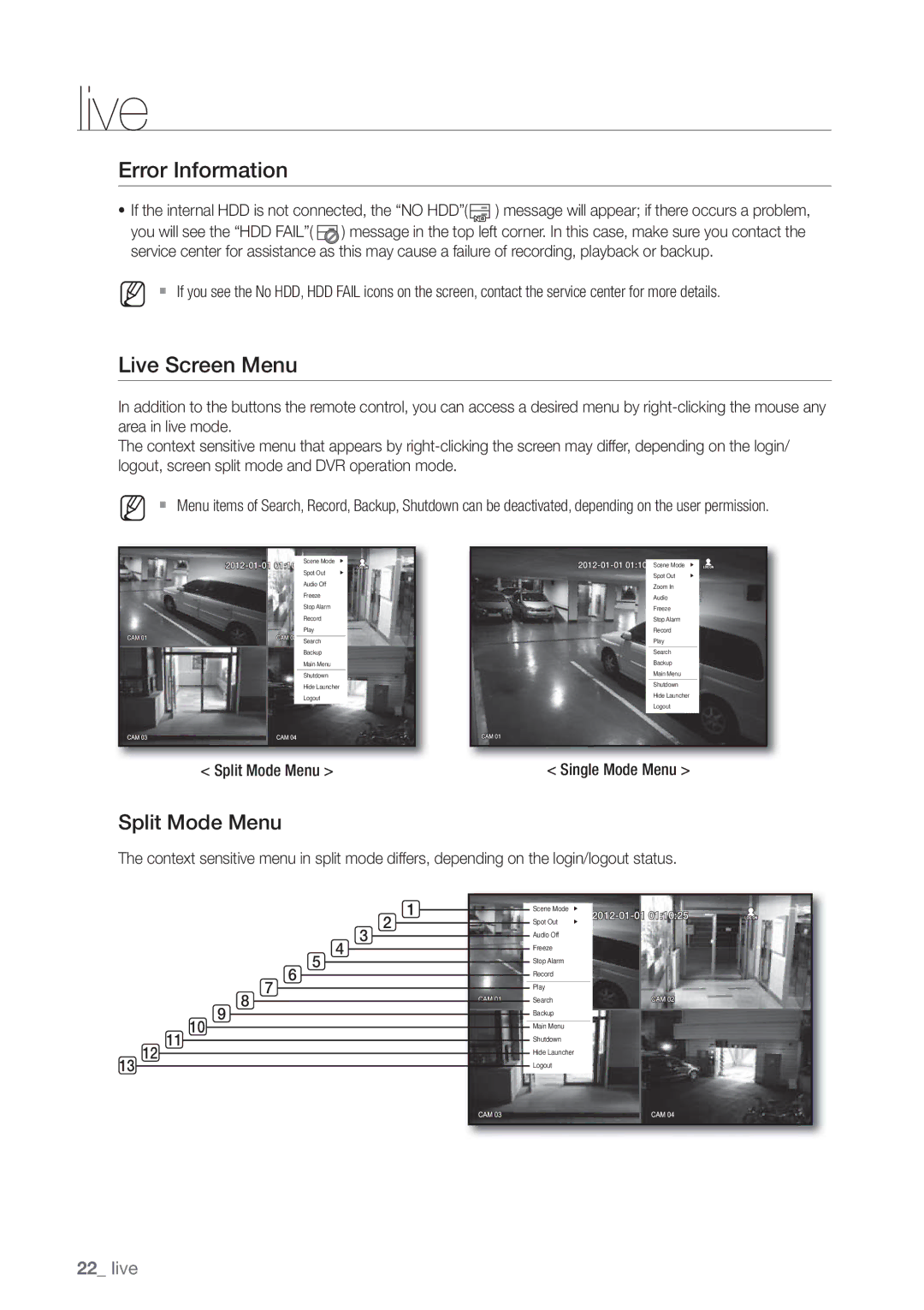 Samsung SDE-3004, SDE3004 user manual Error Information, Live Screen Menu, Split Mode Menu 