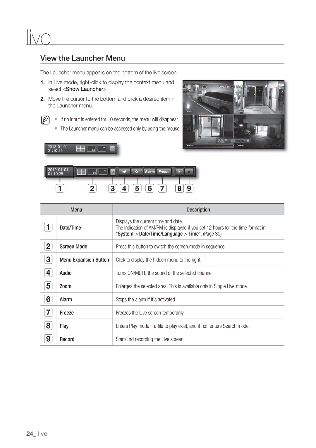 Samsung SDE-3004, SDE3004 user manual View the Launcher Menu, System Date/Time/Language Time, Alarm Freeze 