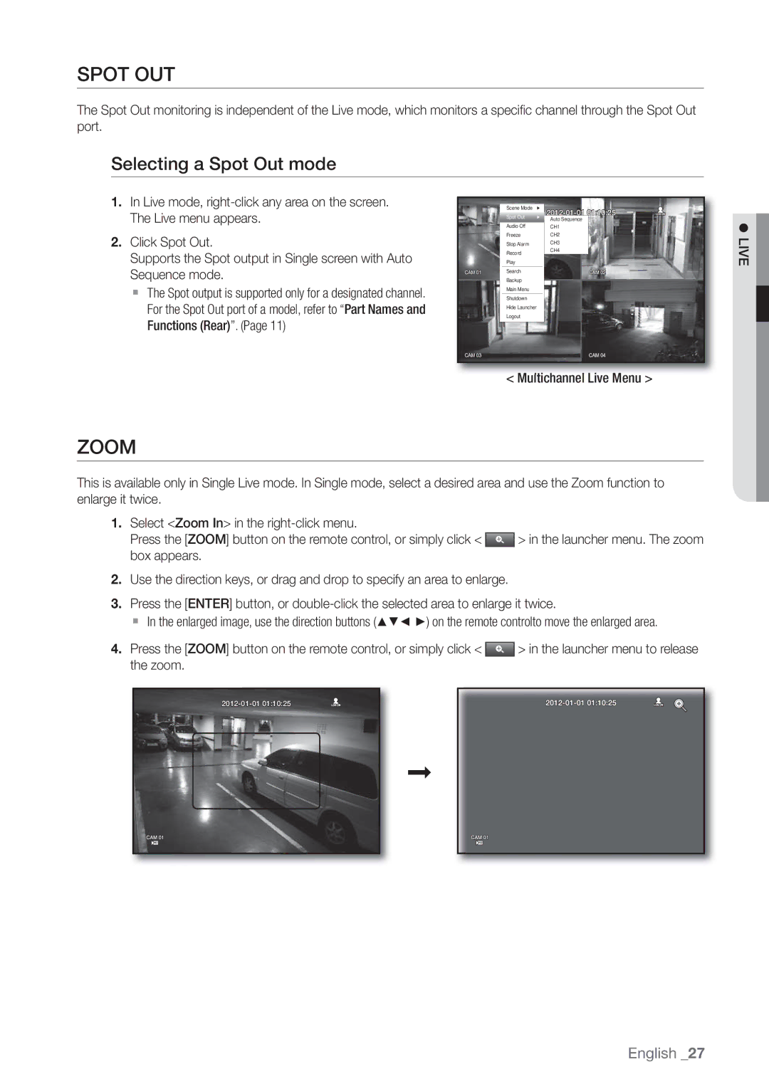 Samsung SDE3004, SDE-3004 user manual Spot OUT, Zoom, Selecting a Spot Out mode, Multichannel Live Menu 