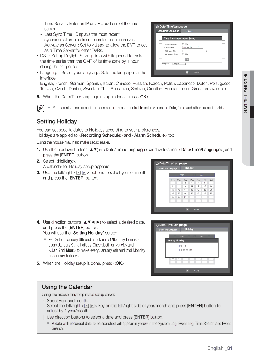 Samsung SDE3004, SDE-3004 user manual Setting Holiday, Using the Calendar 