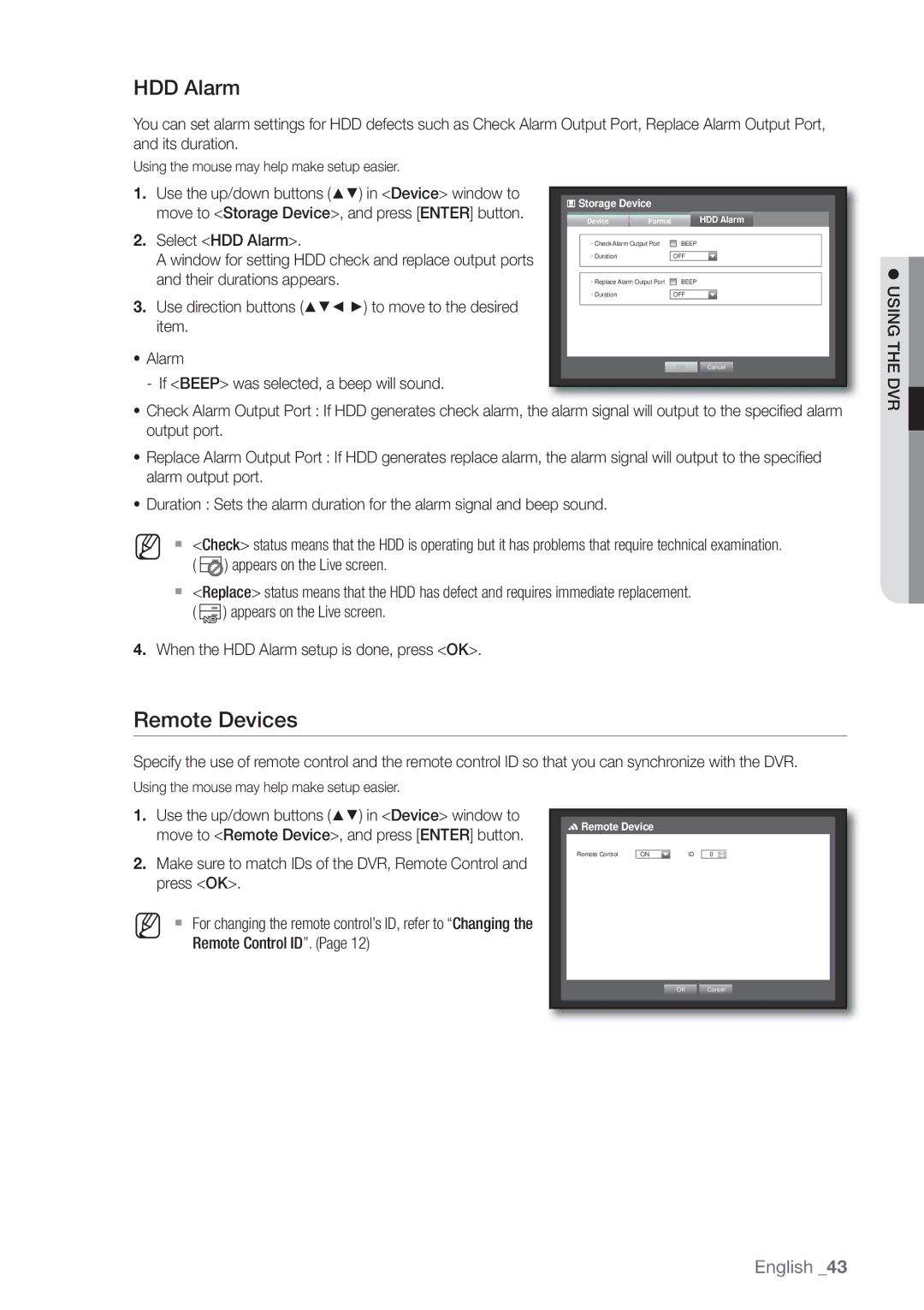 Samsung SDE3004, SDE-3004 user manual Remote Devices, HDD Alarm 