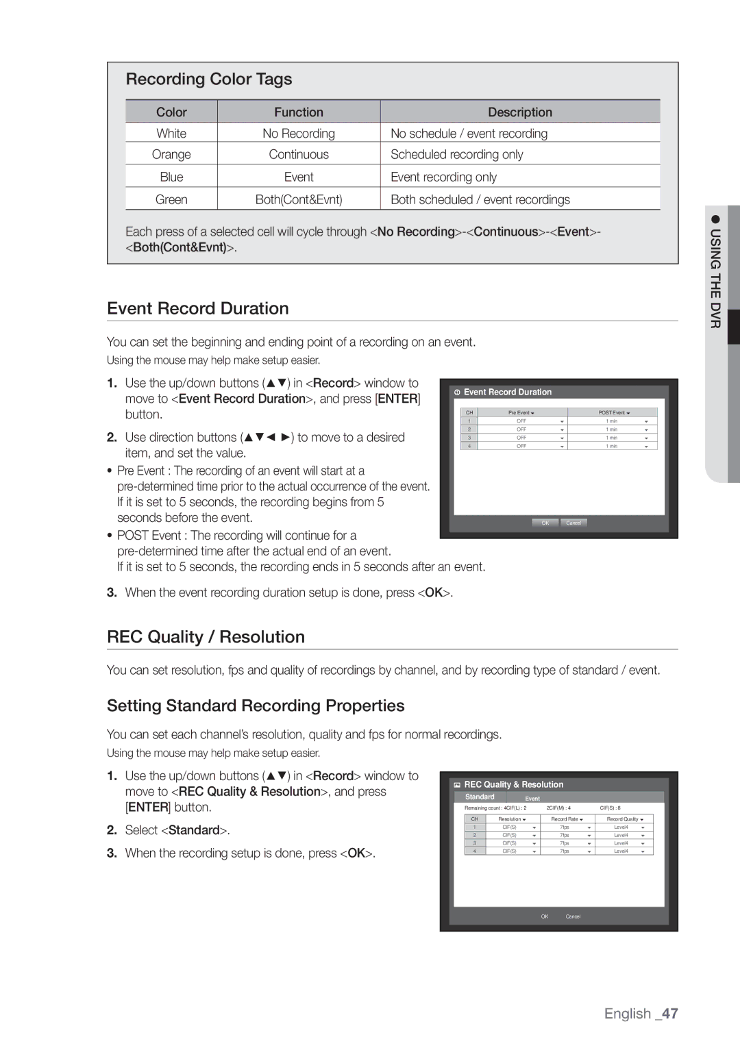 Samsung SDE3004, SDE-3004 user manual Event Record Duration, REC Quality / Resolution, Recording Color Tags 