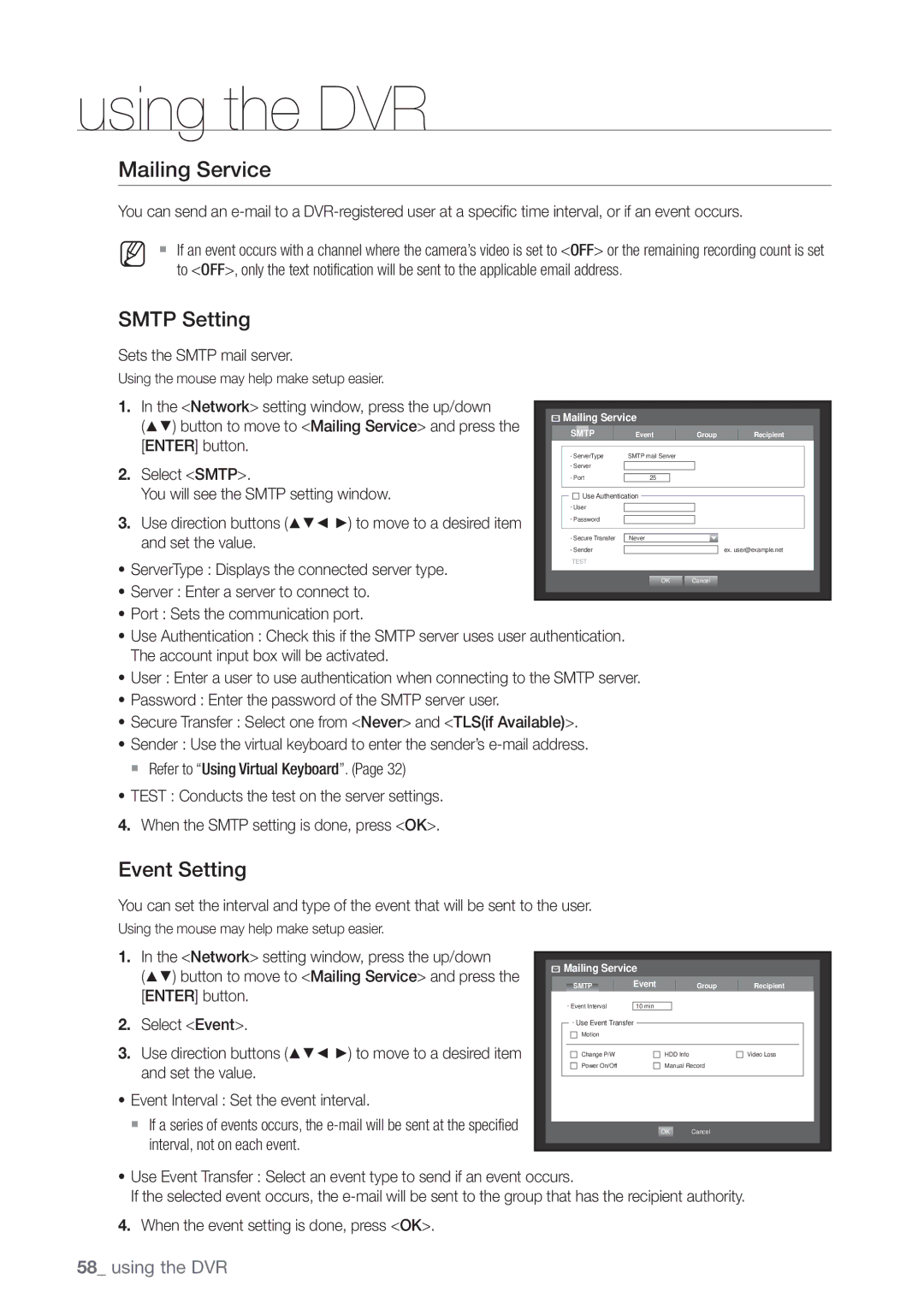 Samsung SDE-3004, SDE3004 user manual Mailing Service, Smtp Setting, Event Setting 