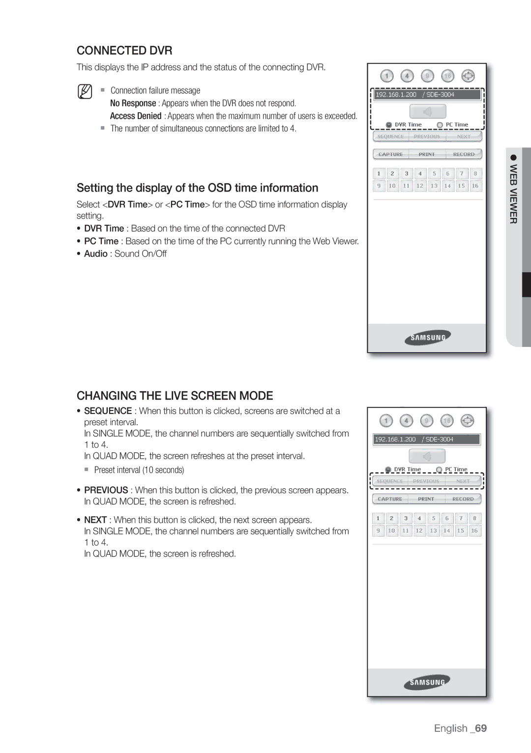 Samsung SDE3004, SDE-3004 user manual Connected DVR, Setting the display of the OSD time information 