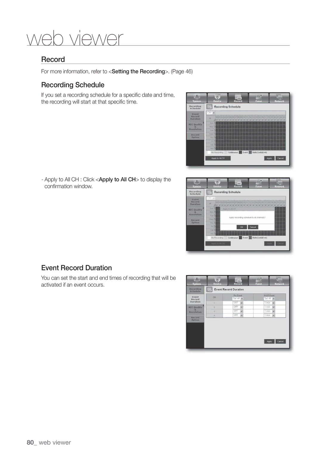 Samsung SDE-3004 Recording Schedule, Event Record Duration, For more information, refer to Setting the Recording 