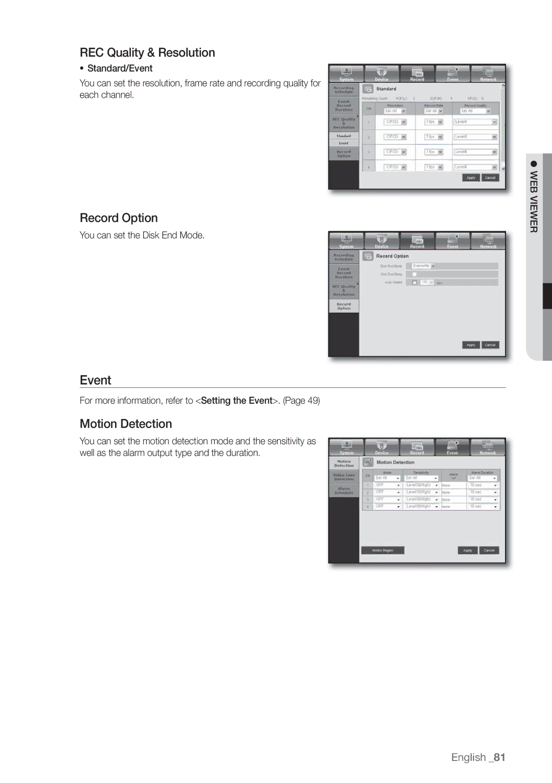 Samsung SDE3004, SDE-3004 user manual Event, REC Quality & Resolution, Record Option, Motion Detection 