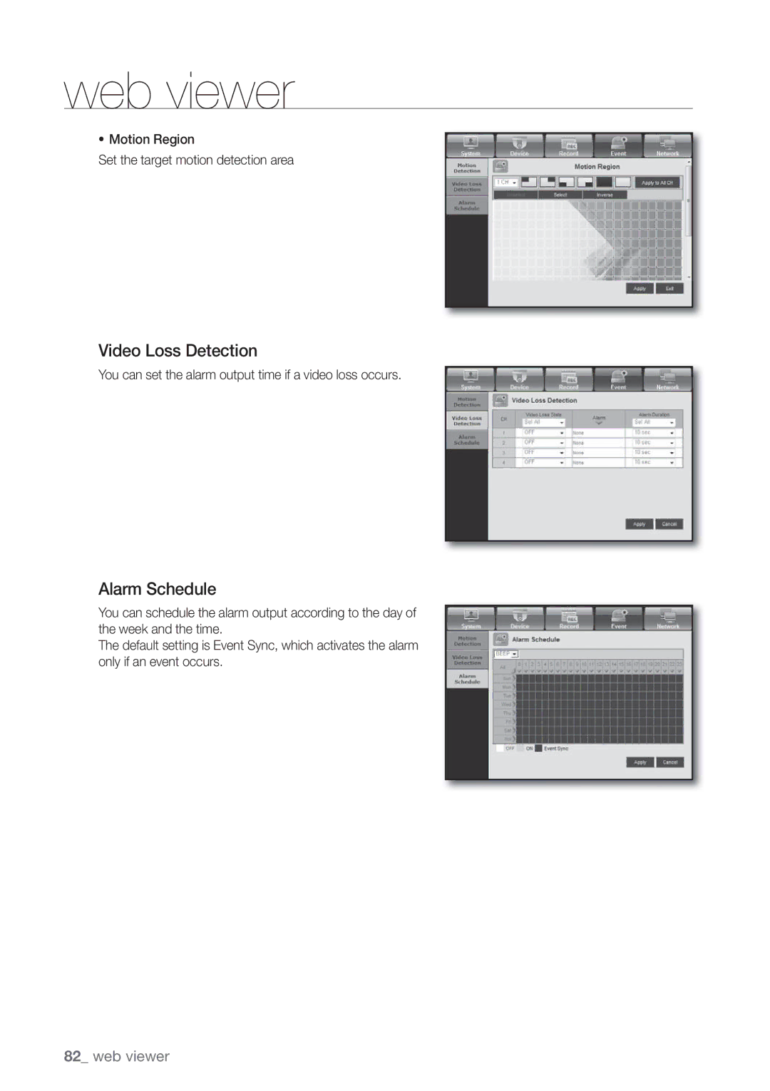 Samsung SDE-3004, SDE3004 Video Loss Detection, Alarm Schedule, Motion Region Set the target motion detection area 