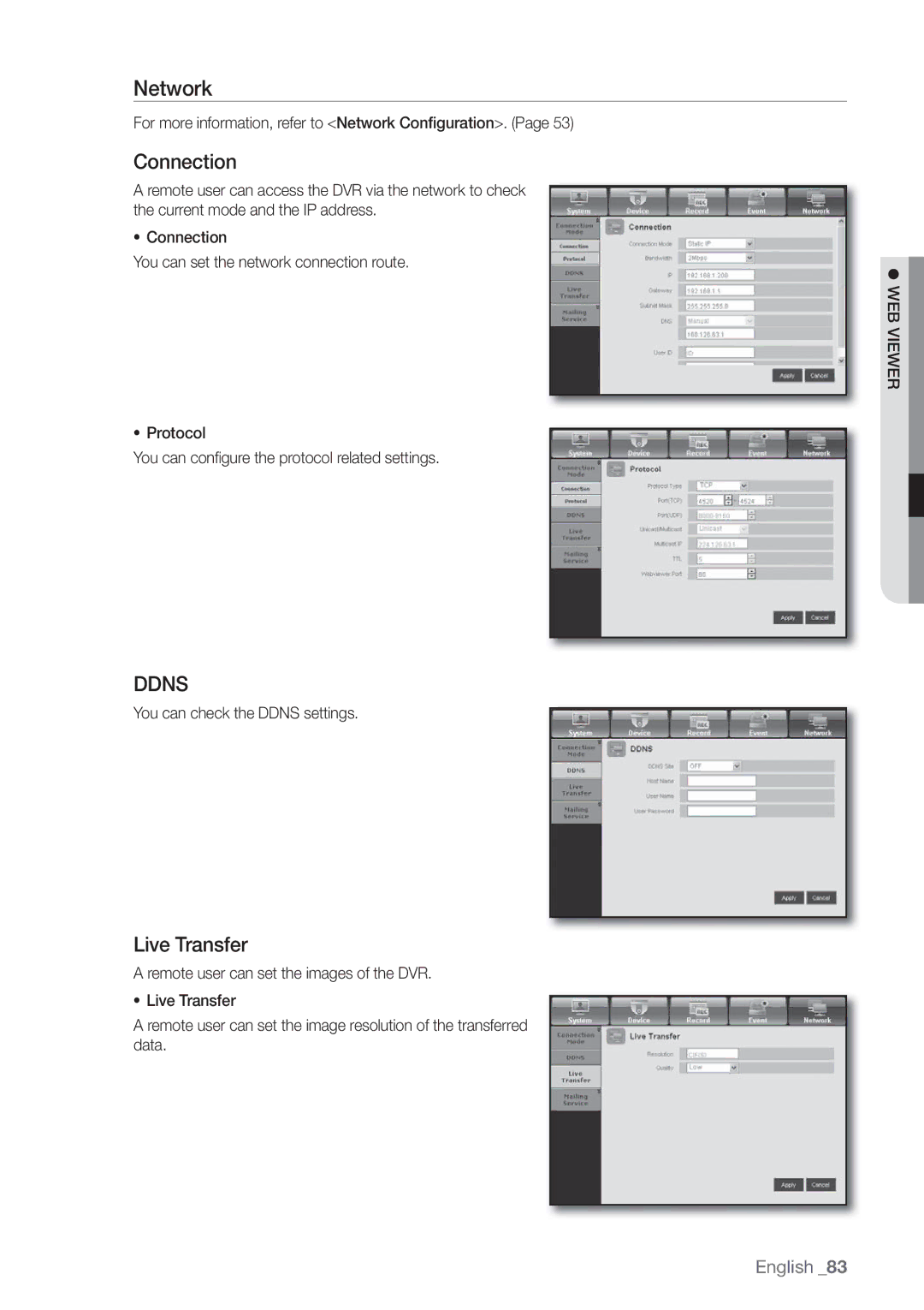 Samsung SDE3004, SDE-3004 user manual Connection, Live Transfer, For more information, refer to Network Configuration 