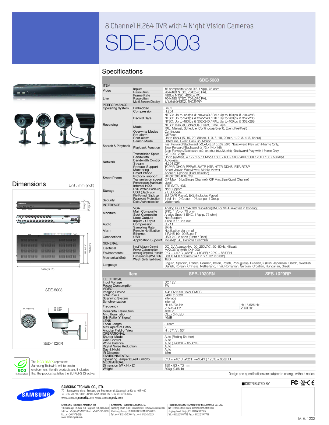 Samsung SDE-5003, All-In-One Security Kits manual Dimensions, Specifications, SEB-1020RN SEB-1020RP 