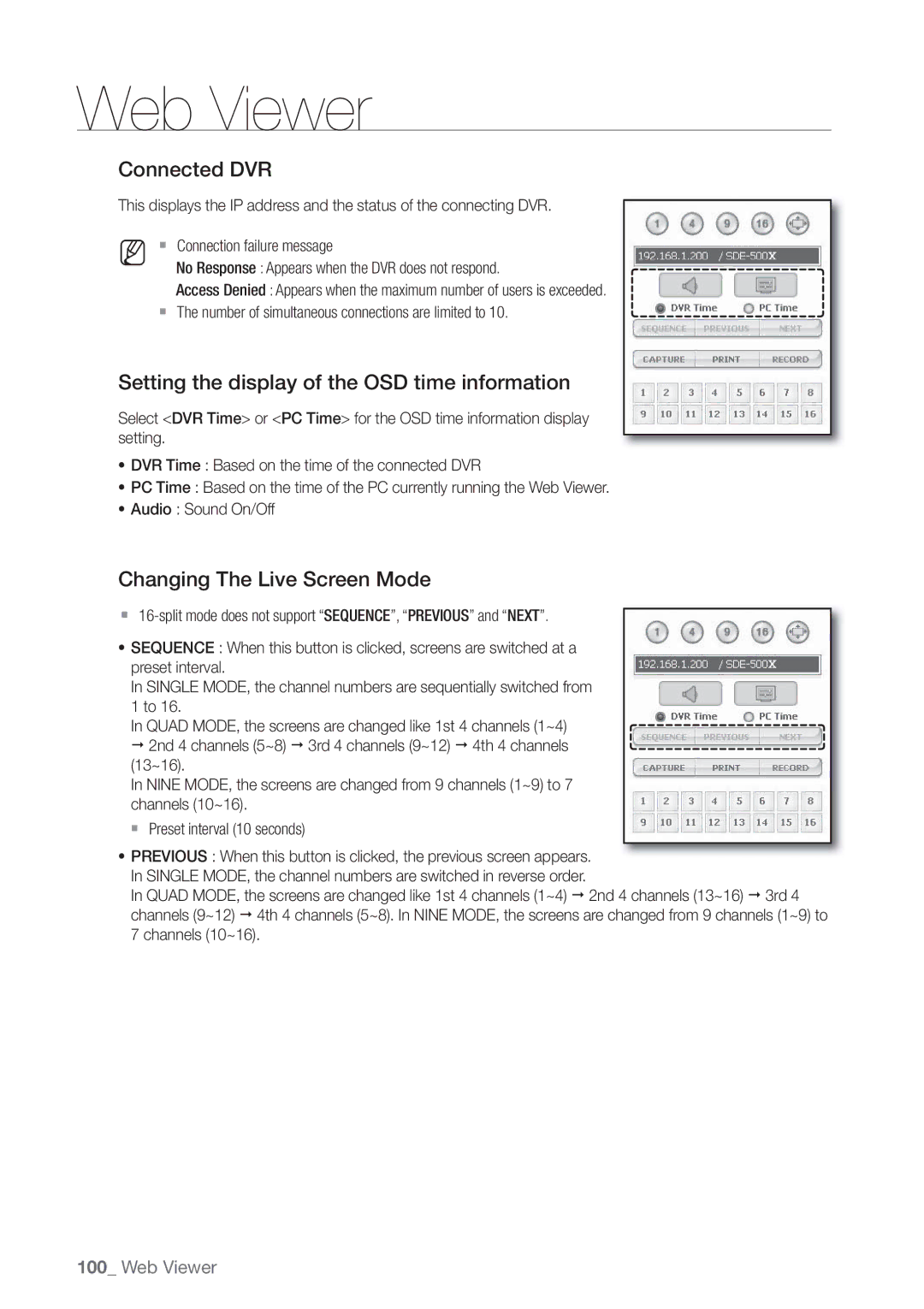 Samsung SDE5003, SDE-500X Connected DVR, Setting the display of the OSD time information, Changing The Live Screen Mode 