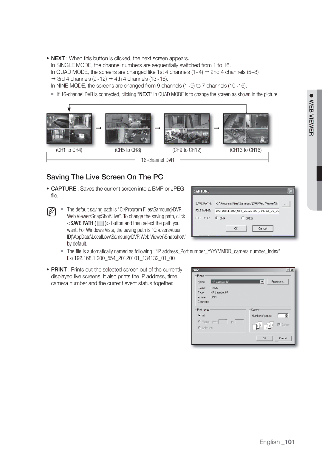 Samsung SDE-500X Saving The Live Screen On The PC, CH5 to CH8, Capture Saves the current screen into a BMP or Jpeg file 