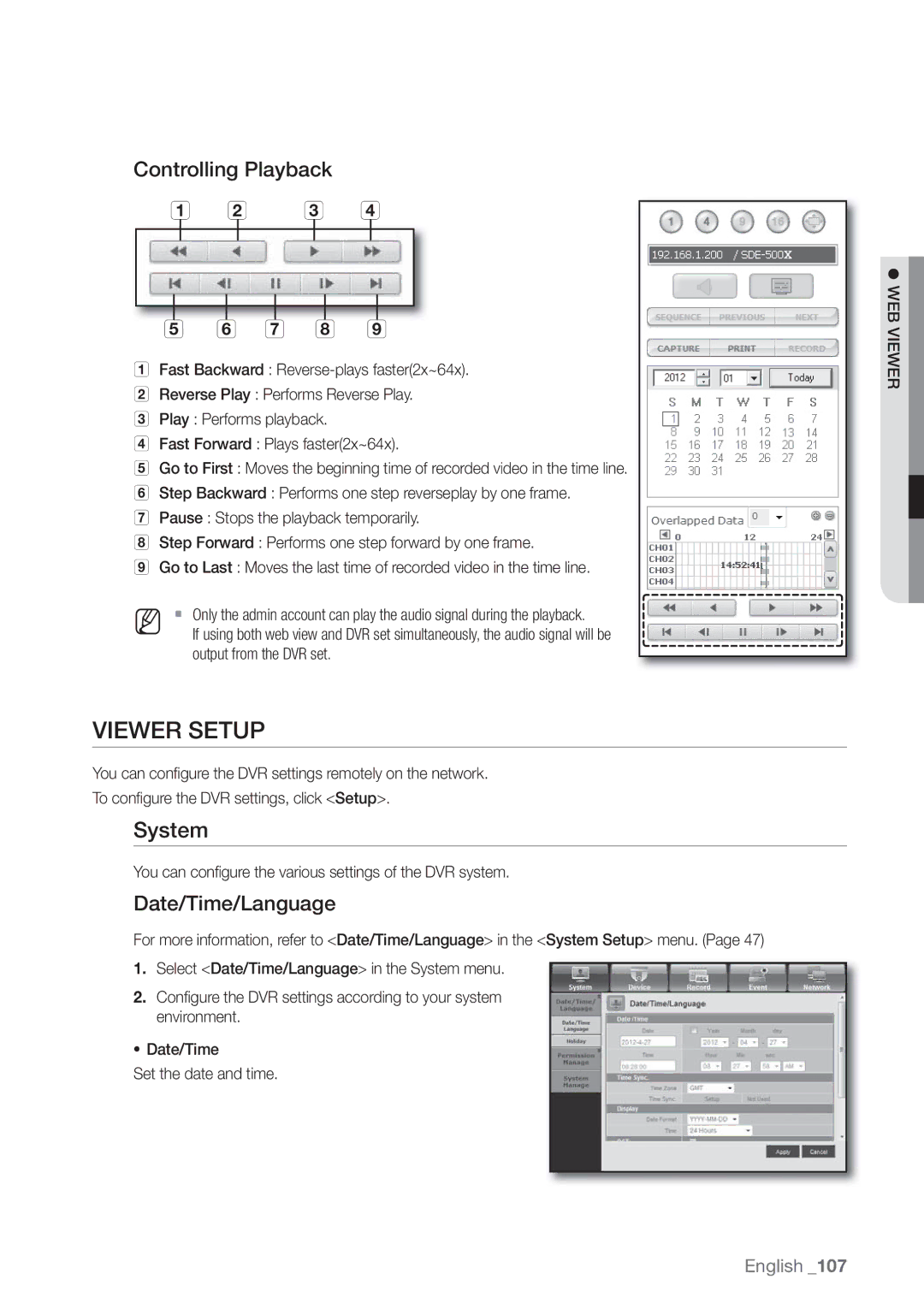 Samsung SDE-400X, SDE5003, SDE-500X, SDE-5003 user manual Viewer Setup, System, Controlling Playback, Date/Time/Language 