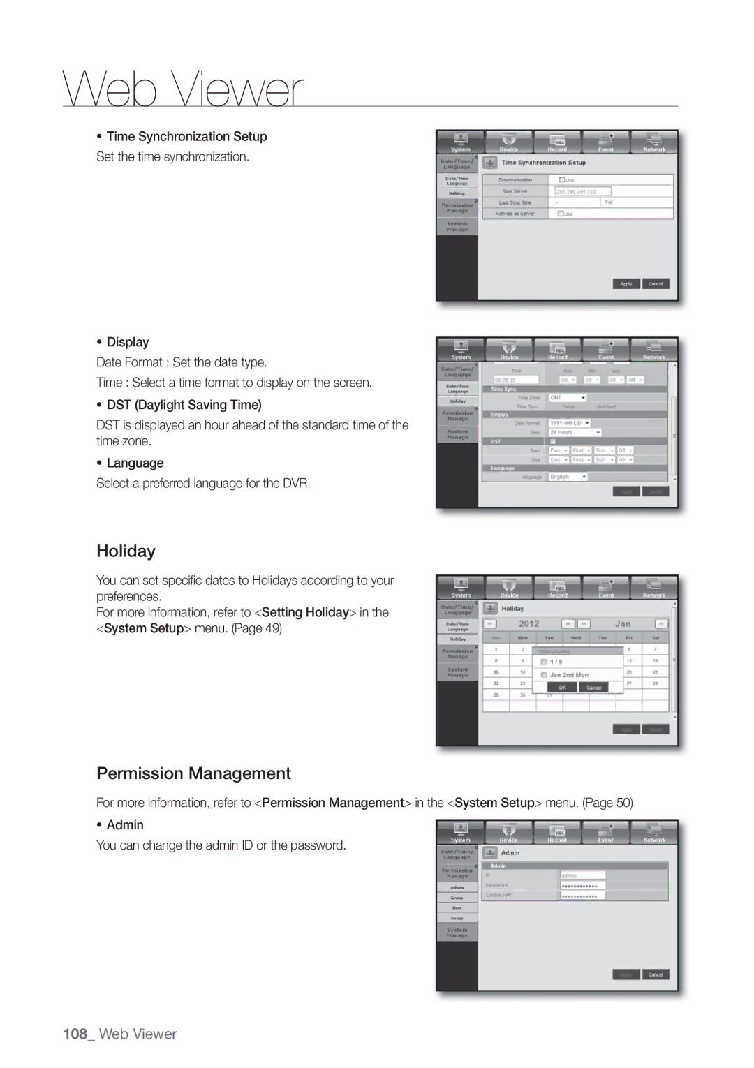 Samsung SDE5003, SDE-500X, SDE-5003, SDE-400X user manual Holiday, Permission Management 