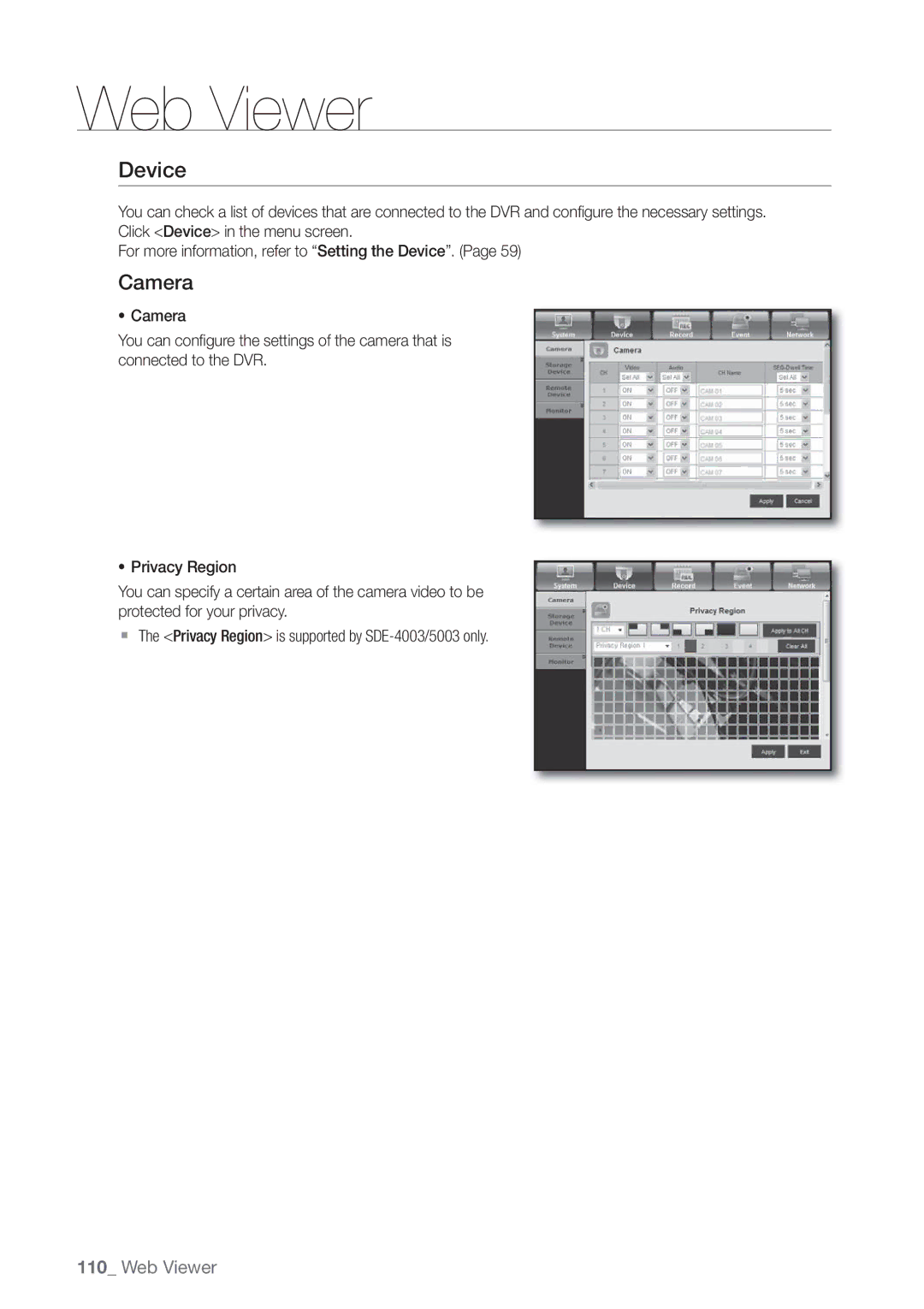 Samsung SDE-5003, SDE5003, SDE-500X, SDE-400X user manual Device, Camera 