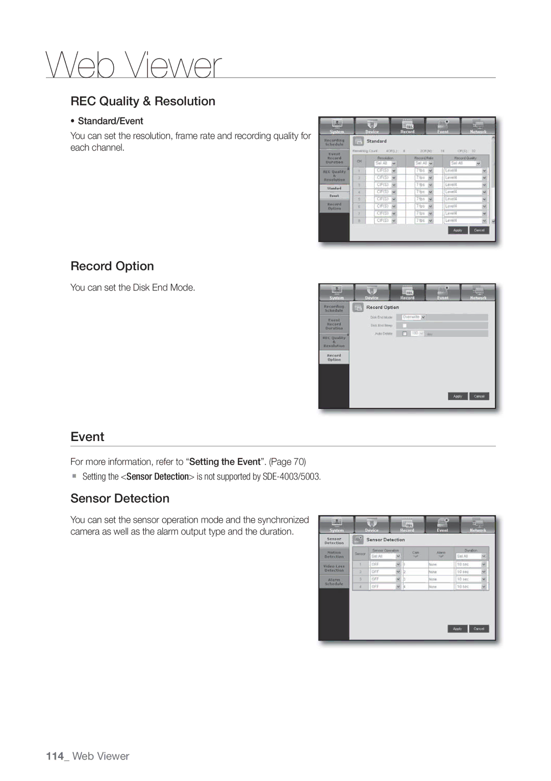 Samsung SDE-5003, SDE5003 Event, REC Quality & Resolution, Record Option, Sensor Detection, You can set the Disk End Mode 