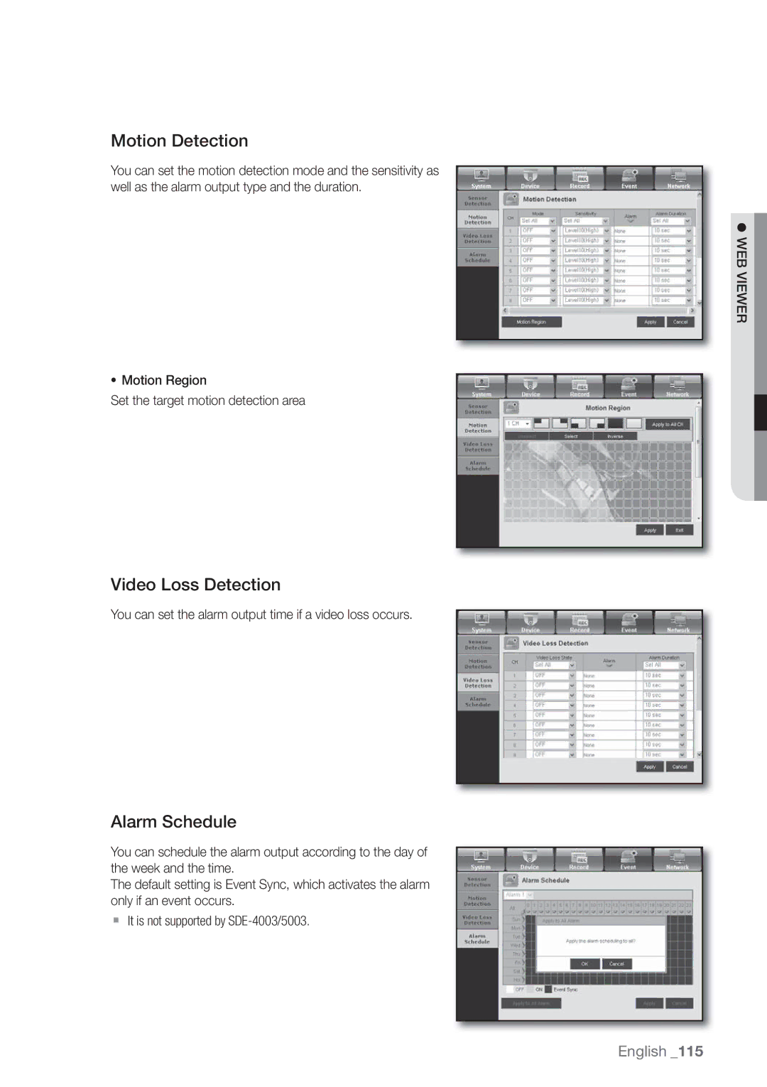 Samsung SDE-400X, SDE5003, SDE-500X, SDE-5003 user manual Motion Detection, Video Loss Detection, Alarm Schedule 