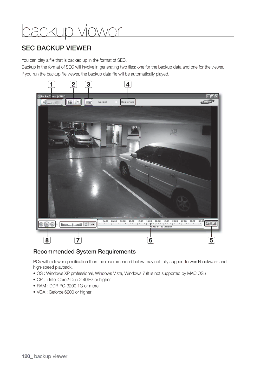 Samsung SDE5003, SDE-500X, SDE-5003, SDE-400X user manual SEC Backup Viewer, Recommended System Requirements 