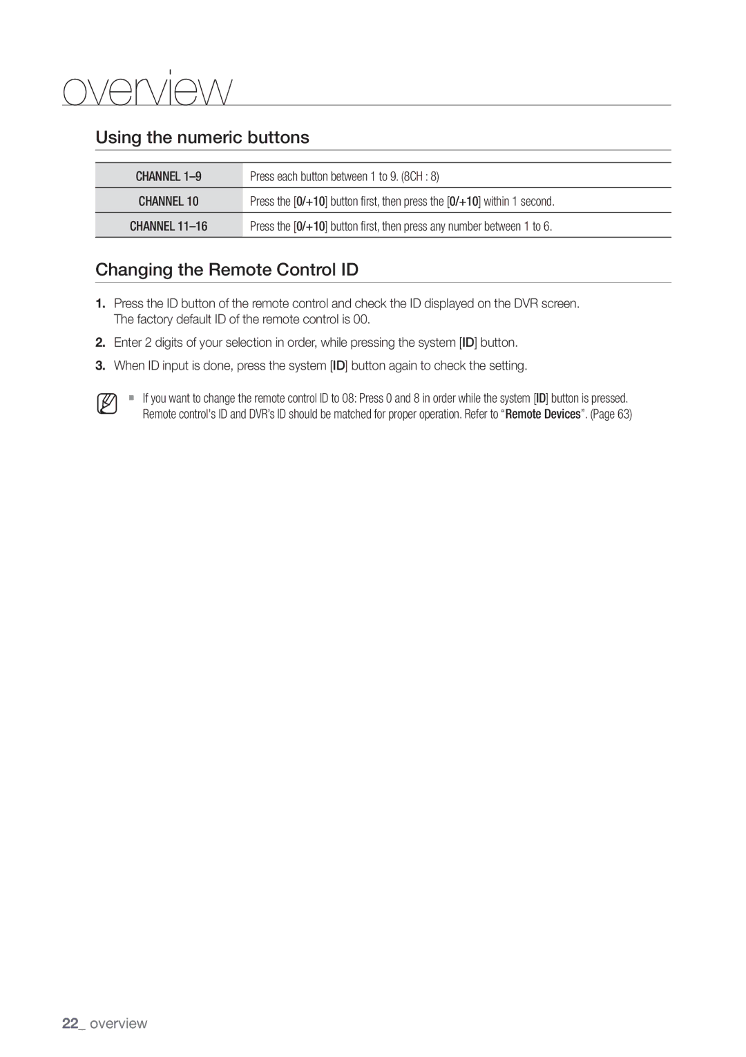 Samsung SDE-5003 Using the numeric buttons, Changing the Remote Control ID, Channel, Press each button between 1 to 9 CH 