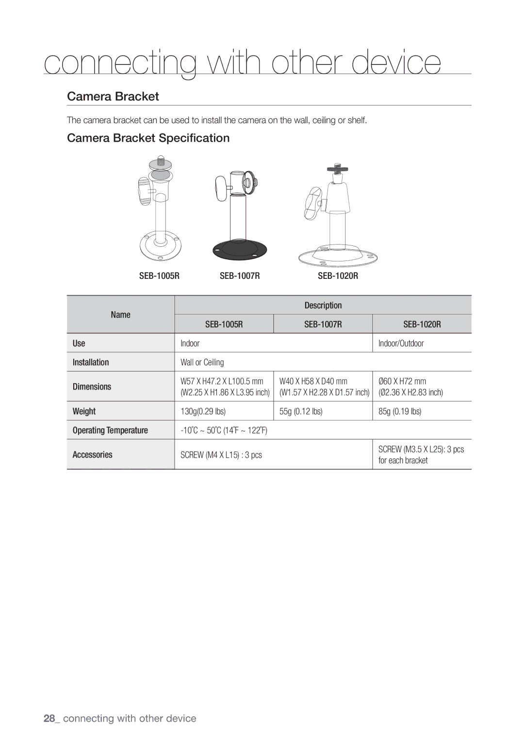 Samsung SDE5003, SDE-500X, SDE-5003, SDE-400X user manual Camera Bracket Specification 