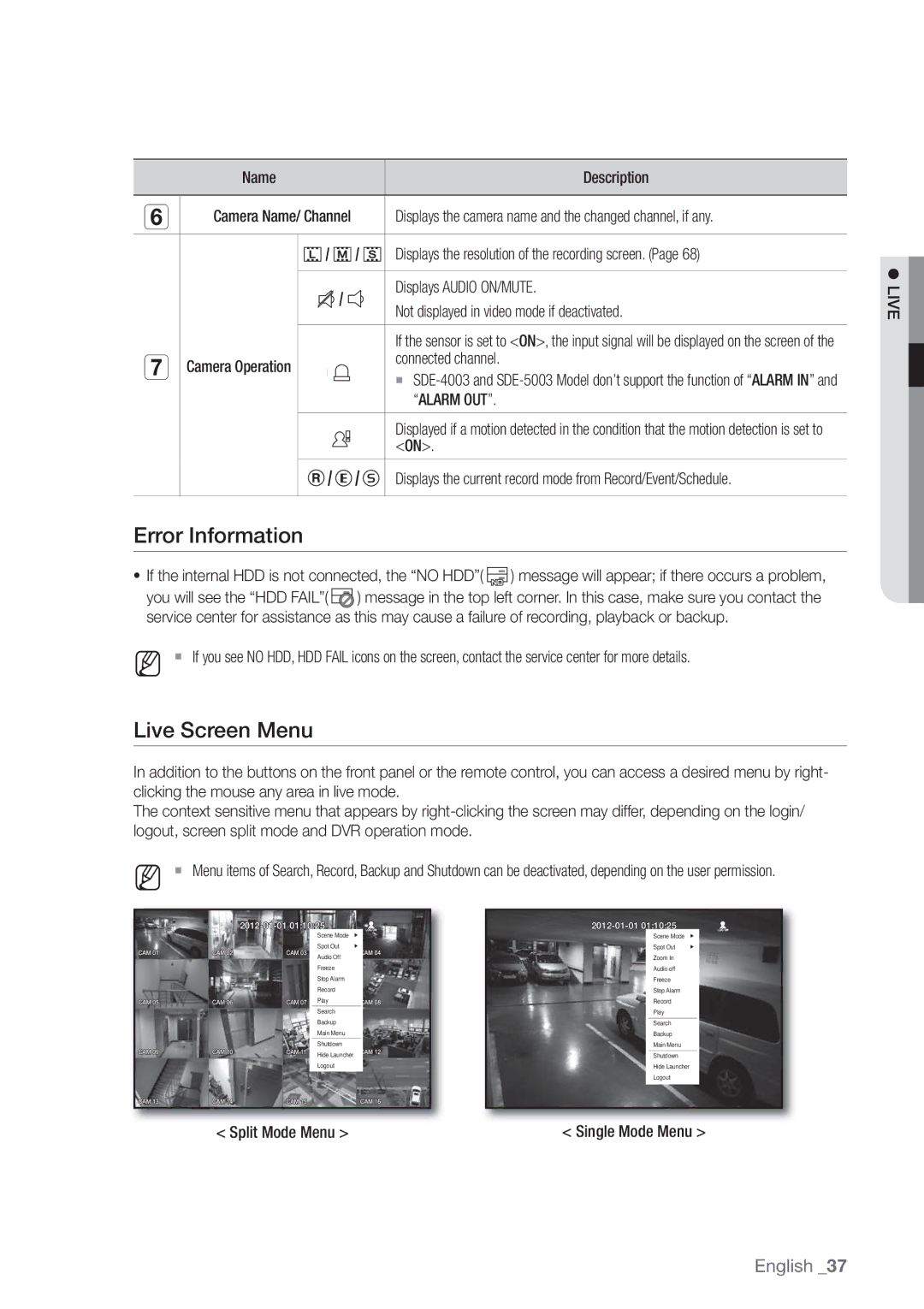 Samsung SDE-500X, SDE5003, SDE-5003, SDE-400X user manual Error Information, Live Screen Menu, Alarm OUT 