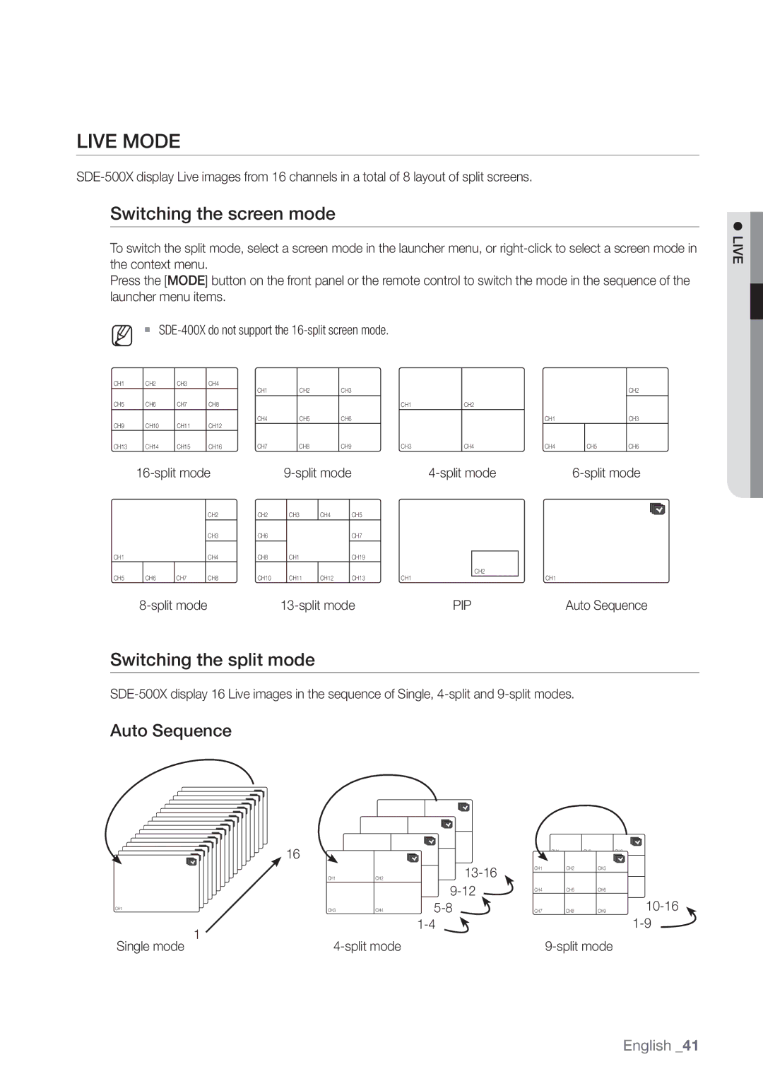 Samsung SDE-500X, SDE5003, SDE-5003 Live Mode, Switching the screen mode, Switching the split mode, Auto Sequence, Pip 